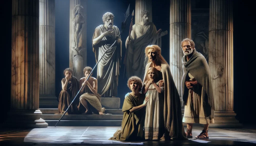 Por qué EurÃpides es considerado mejor que Sófocles y Esquilo 11 euripides en escena con un fondo teatral antiguo